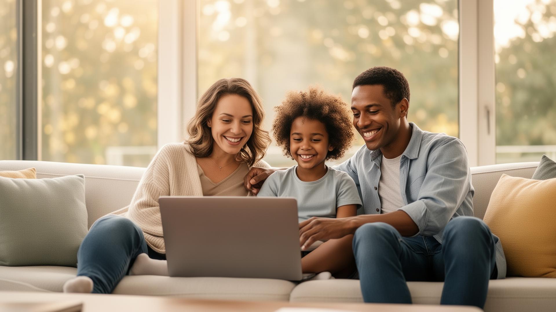 Gelukkige familie kijkt samen naar laptop om de juiste zorgverzekering te kiezen